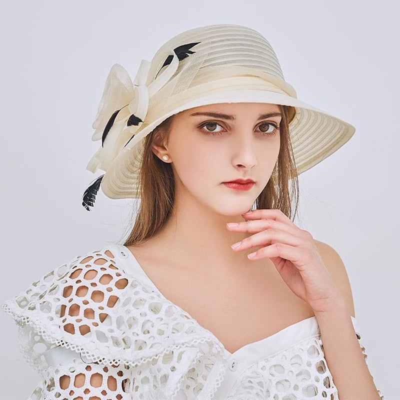 Chapeau de soleil en Organza à fleurs pour femmes, élégant, de luxe, avec plumes, à large bord