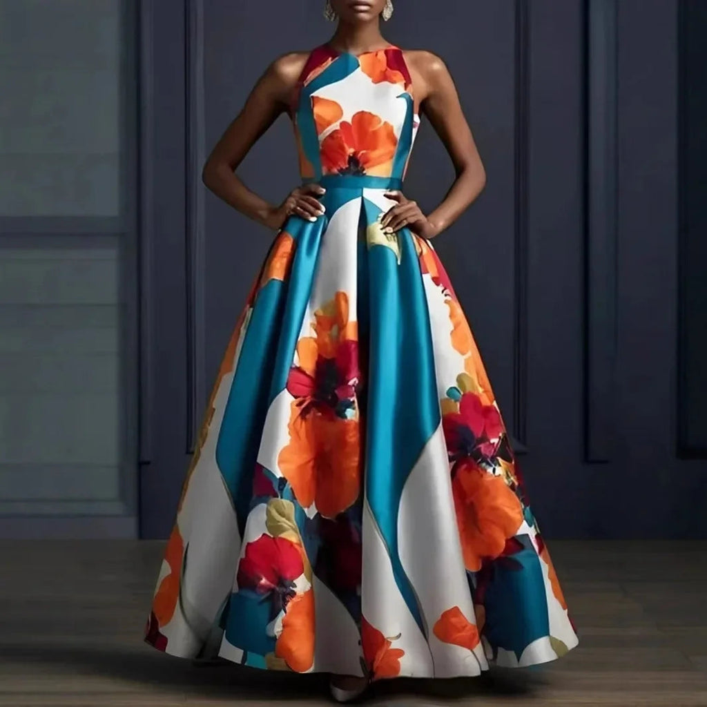 VIVI Fashionable Sleeveless Print Evening Gown Zipper Satin Slim Fit Empire Waist Long Dress LADYLYS