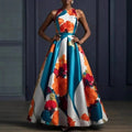 VIVI Fashionable Sleeveless Print Evening Gown Zipper Satin Slim Fit Empire Waist Long Dress LADYLYS