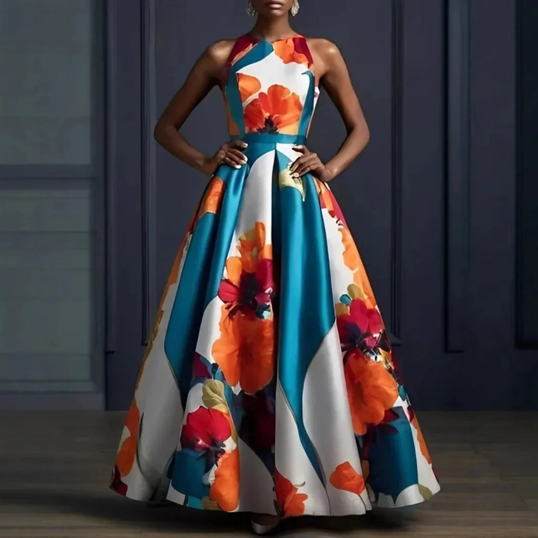 VIVI Fashionable Sleeveless Print Evening Gown Zipper Satin Slim Fit Empire Waist Long Dress LADYLYS