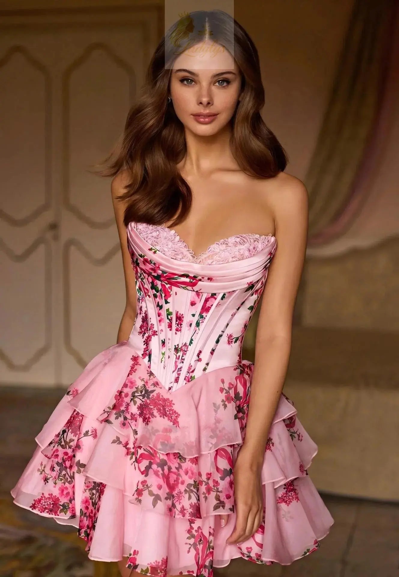 Porcelain Print Strapless Dress Waist Cinched Flared Skirt LADYLYS