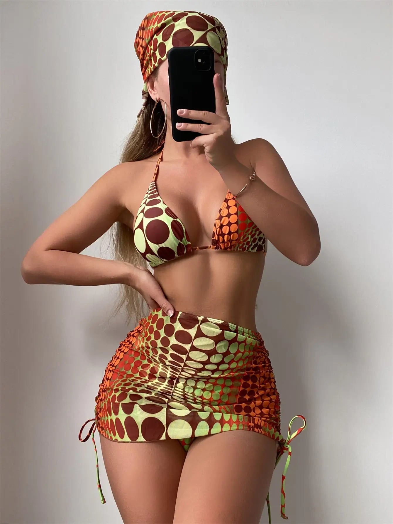 4 pièces imprimé point aléatoire cravate côté licou Bikinis maillot de bain et jupe de plage Sexy