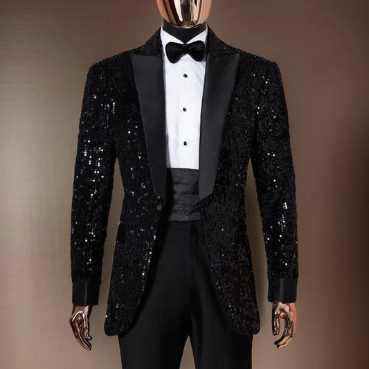 Costume de smoking à paillettes brillantes pour hommes, 2 pièces, coupe cintrée, revers cranté, Blazer avec pantalon