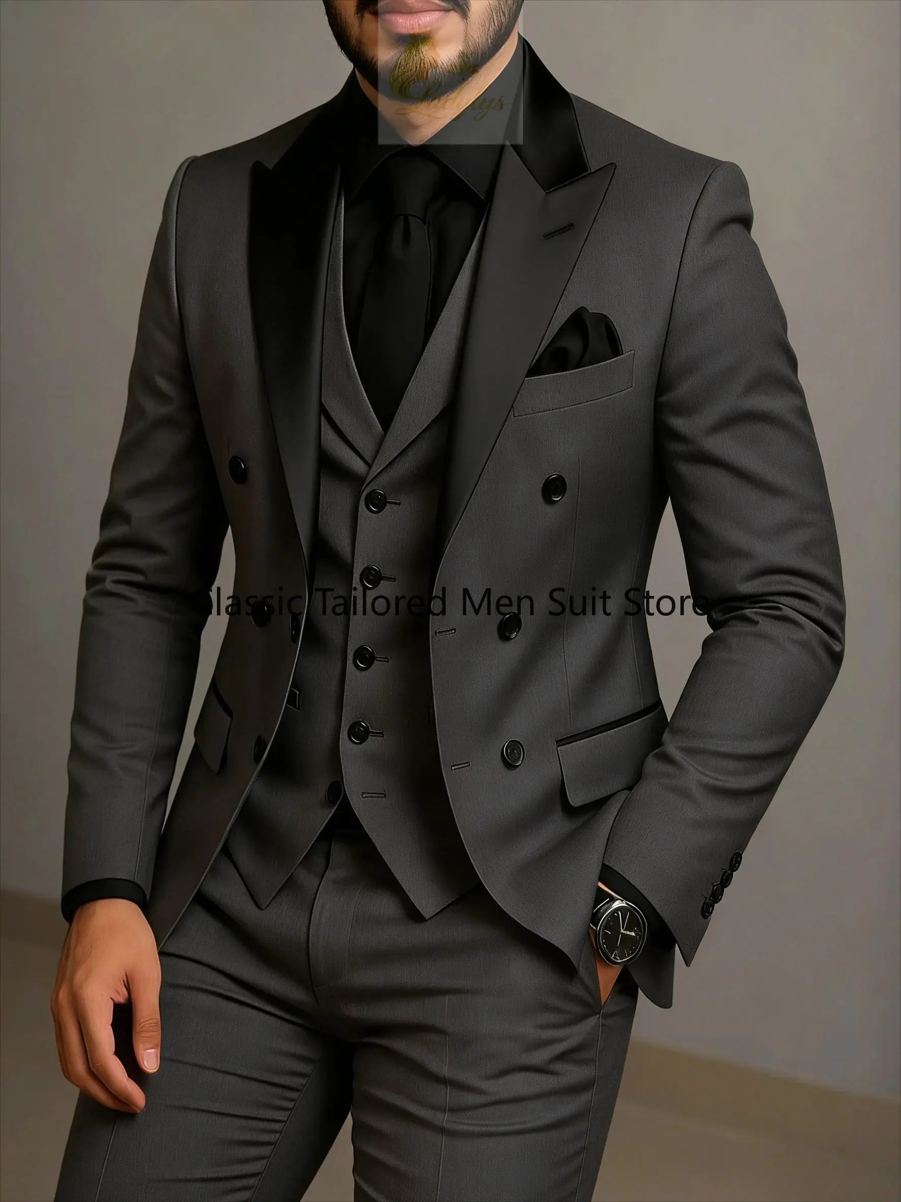 Beige Double Breasted Black Lapel  Slim Fit Wedding Suit LADYLYS