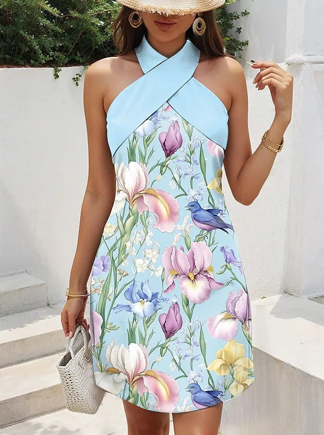 Women's Backless Cross Halter Neck Mini Dress – Sleeveless, A-Line, Summer LADYLYS