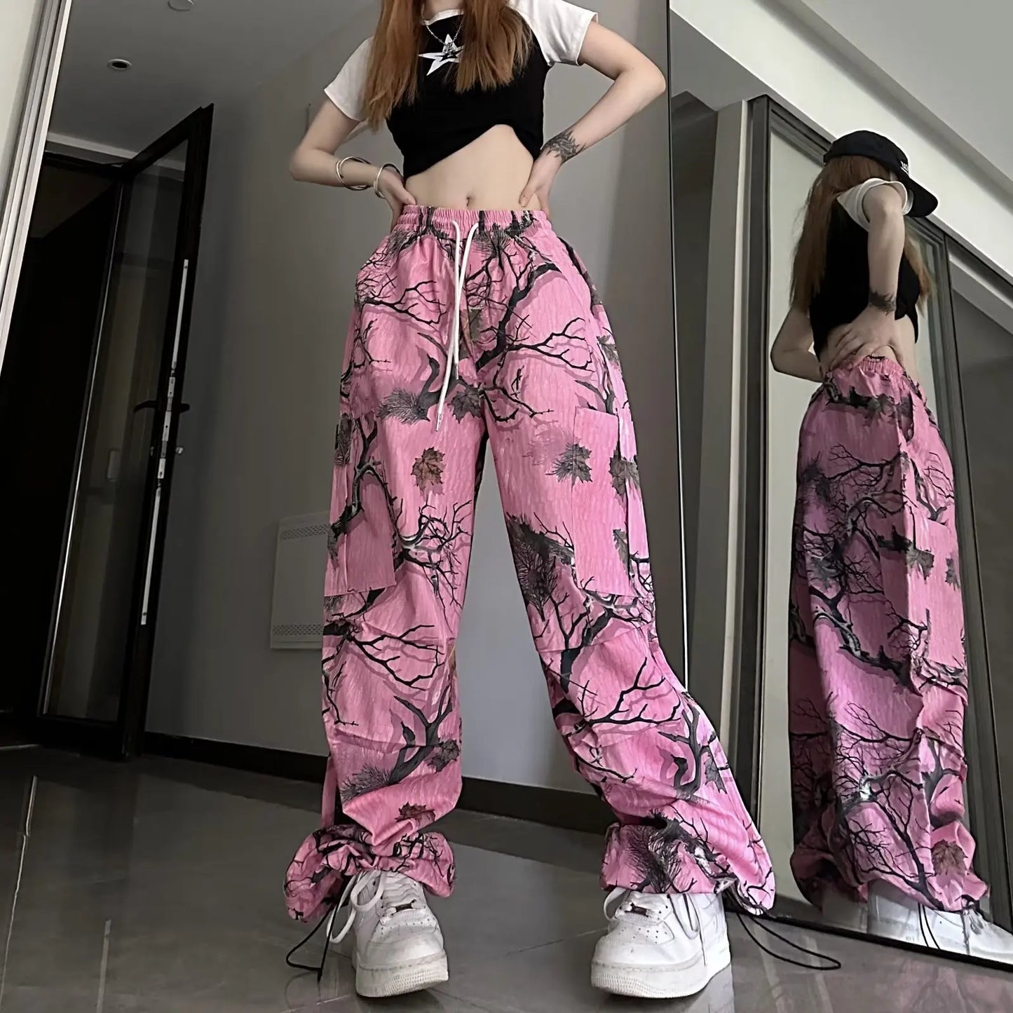 Pantalon décontracté à imprimé graffiti rose 2k pour femme, pantalon large et amusant, taille haute