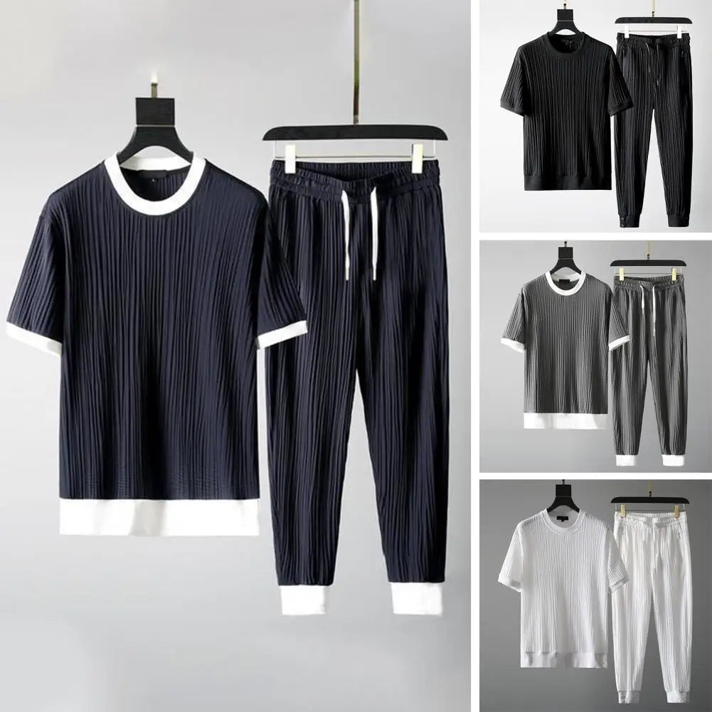 Tenue classique pour hommes, haut d'été, pantalon, couleur unie, poches, extensible, respirant