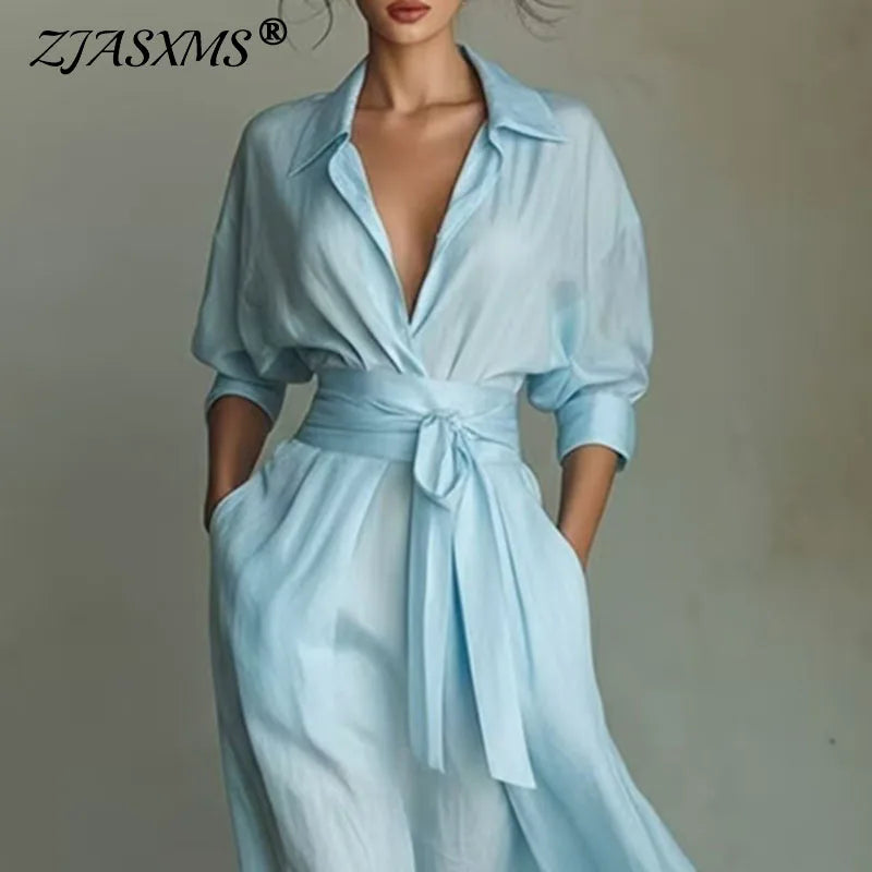 Bohemian Elegant Lace-up Turn-down Collar Hollow Spring 3/4 Sleeve Pocket Maxi Dress LADYLYS