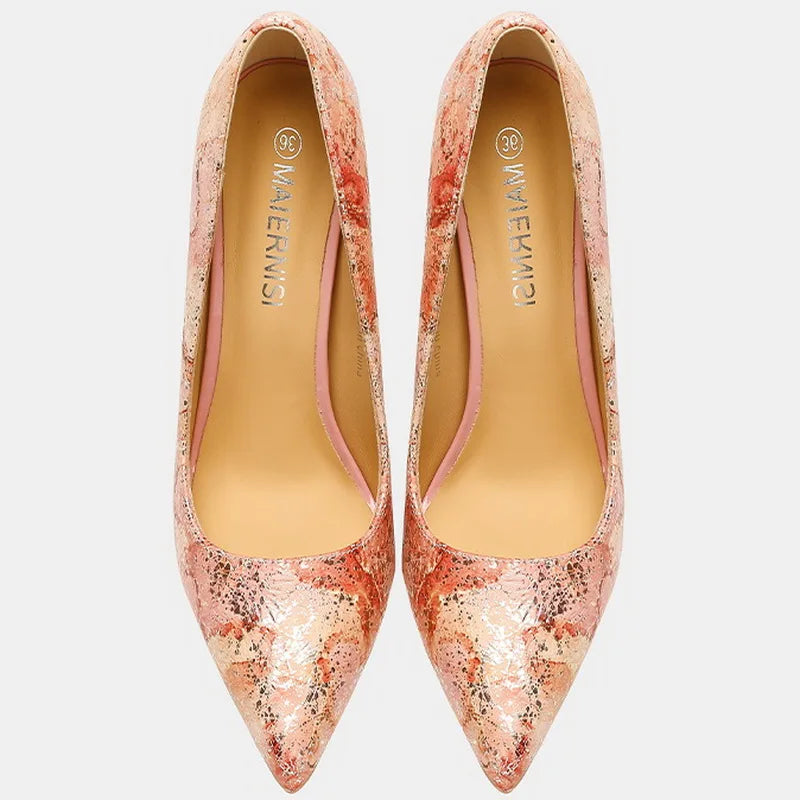 Women Cowhide High Heel Shoes Printed Leather Versatile Pumps LADYLYS
