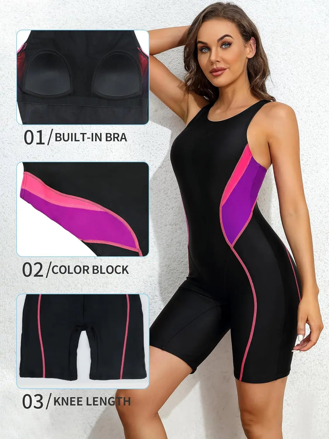 Attractif maillot de bain une pièce bloc de couleur dos nageur Boyleg U cou