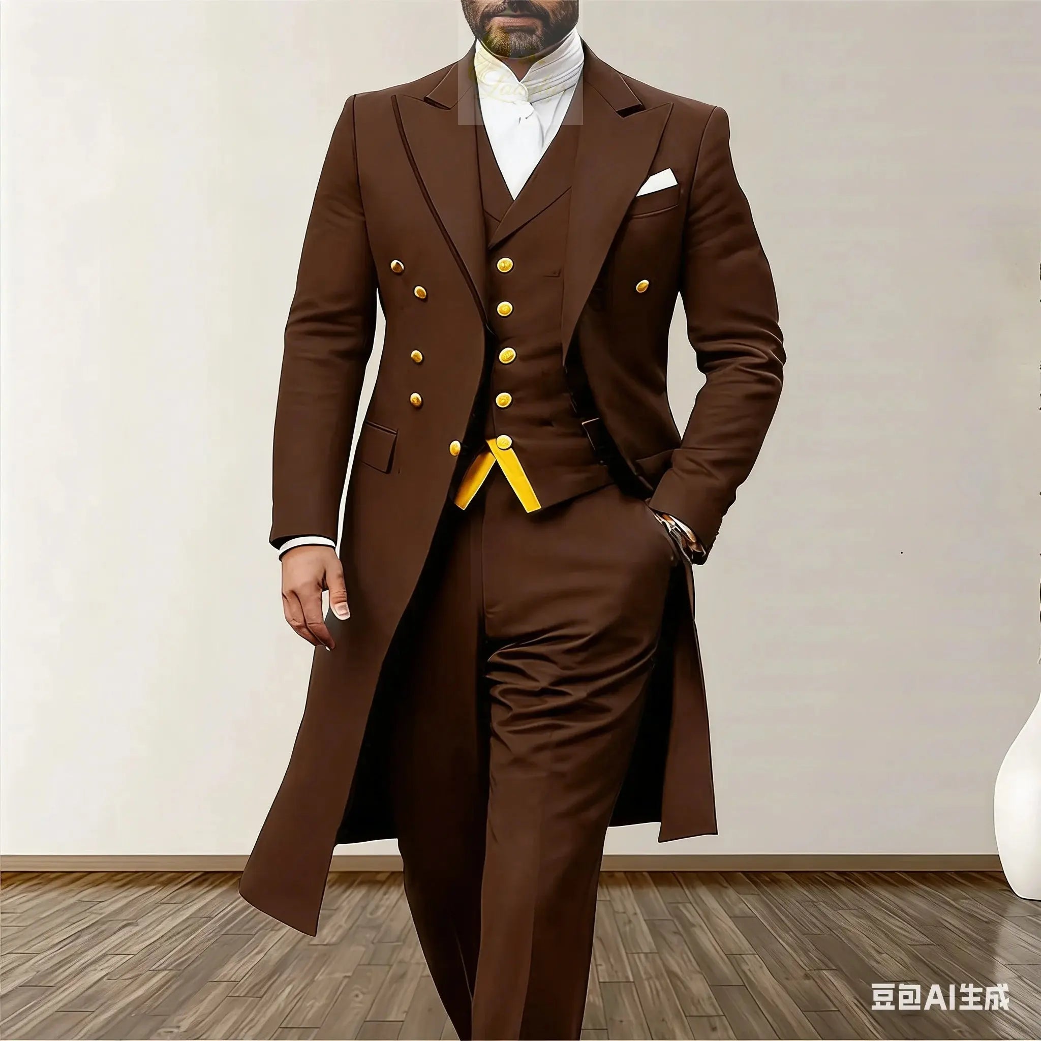 Men Suits 3 Piece Long Blazer Vest Pants Satin One Button Tuxedo LADYLYS