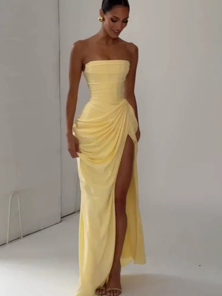 Sexy Solid Pleated Strapless Dress Lady Chic Off-shoulder Backless LADYLYS