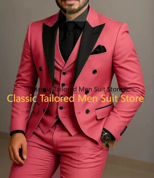 Beige Double Breasted Black Lapel  Slim Fit Wedding Suit LADYLYS