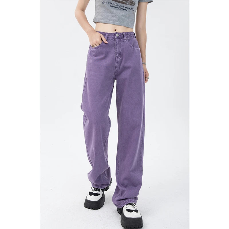 Jeans vintage pour femmes, pantalon en jean droit taille haute violet