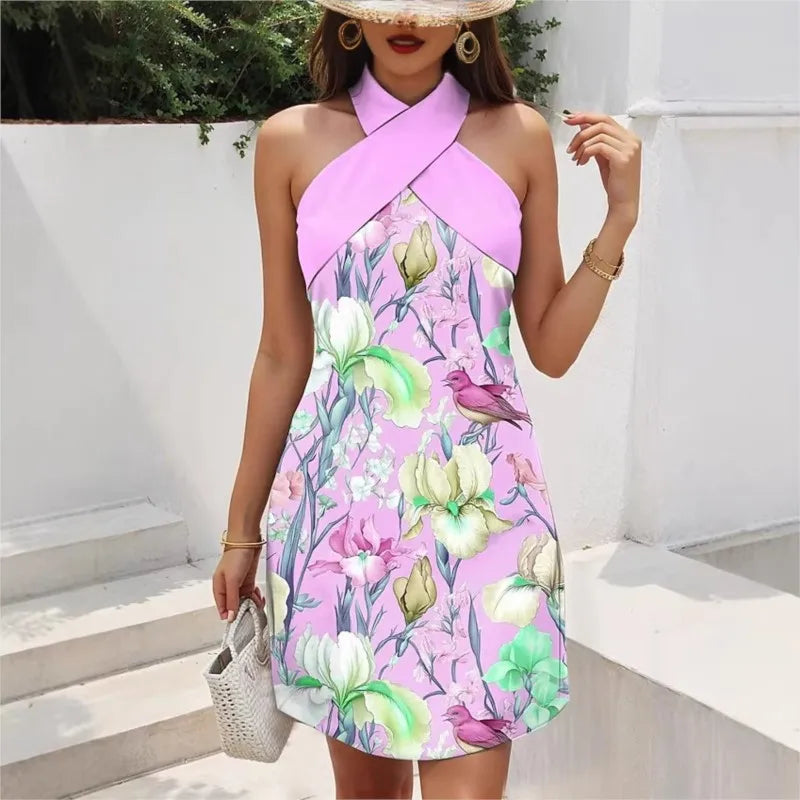 Women's Backless Cross Halter Neck Mini Dress – Sleeveless, A-Line, Summer LADYLYS