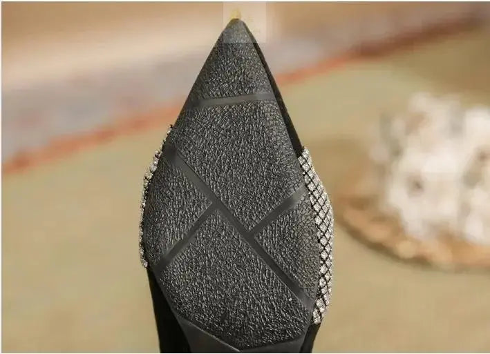 Chunky Heel Pointed Toe Black Rhinestone High Heel Women's Work Shoes Plus Size Pumps LADYLYS