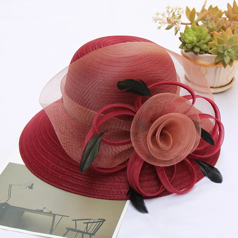 Chapeau de soleil en Organza à fleurs pour femmes, élégant, de luxe, avec plumes, à large bord