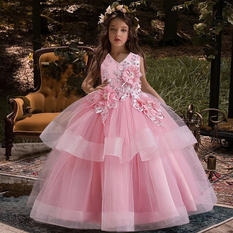 4-12 ans filles robe fille fleur fille moelleux gaze piano performance robe élégante