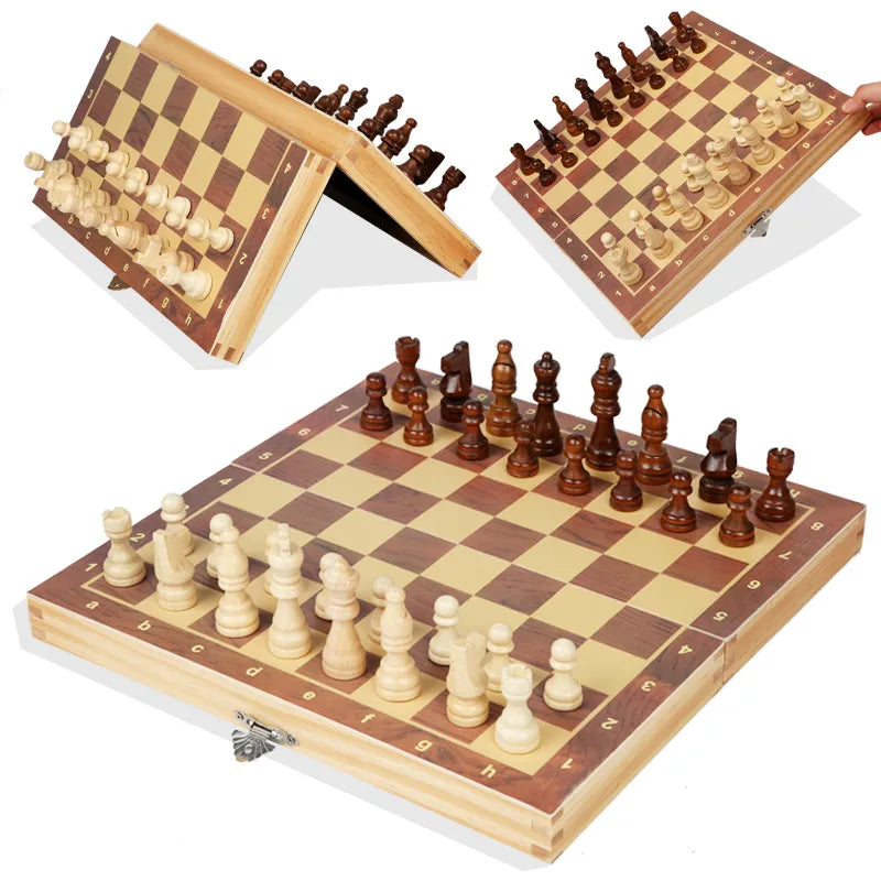 Jeu d'échecs pliant en bois magnétique, plateau de jeu feutré, rangement intérieur, cadeau pour adultes et enfants, jeu familial, 24x24cm