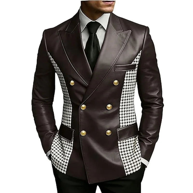 Leather Blazer With Houndstooth Sides Vintage Two-Tone Double Breasted LADYLYS