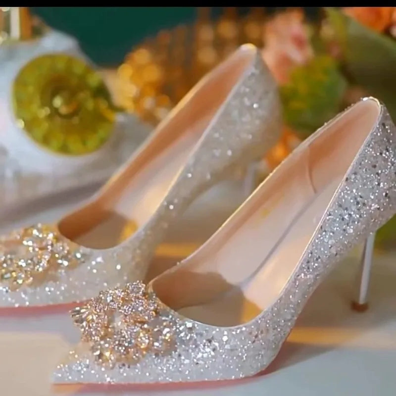 High Heel Shoes Fad Elegant Crystal Pointed Toe Pumps Retro Shallow LADYLYS