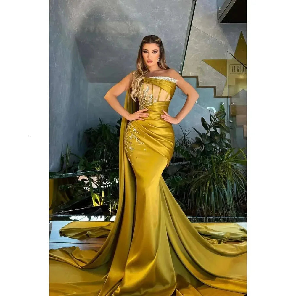 Robe de soirée luxueuse en satin jaune vif avec col en V et perles de cristal, élégante