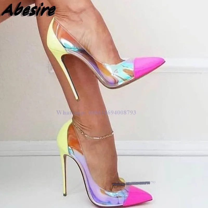 Abesire rose bout pointu clair PVC pompes à talons hauts 12CM 10CM 8CM talons aiguilles néon jaune