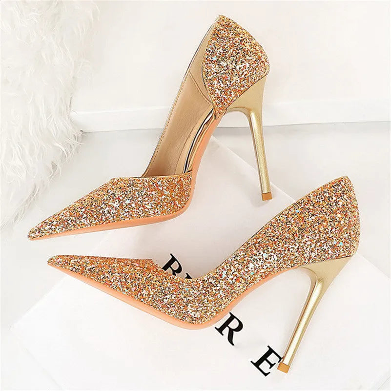 7cm 10.5cm Super talons hauts pompes Sexy paillettes Bling talons