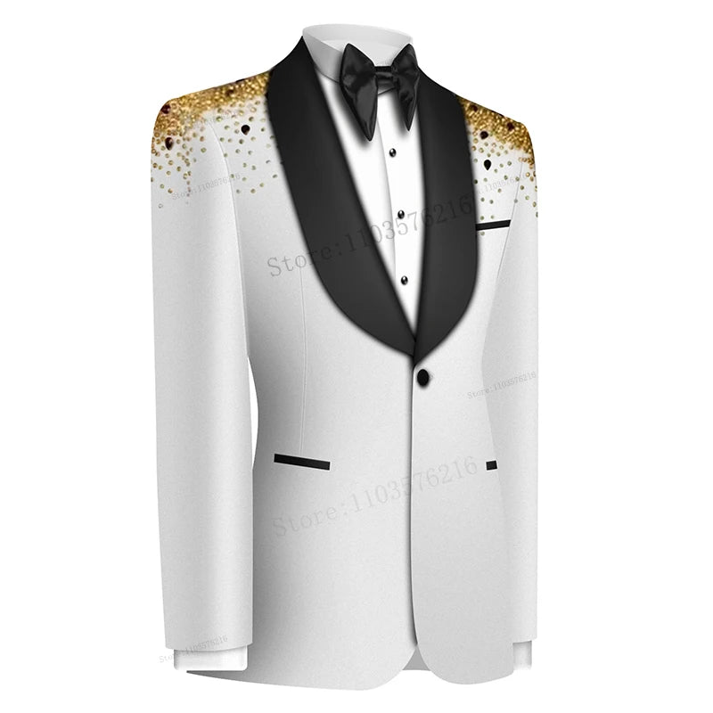 W01 Luxe 2 pièces smoking luxe Blazer hommes costumes un bouton Satin large revers perles formelles diamants