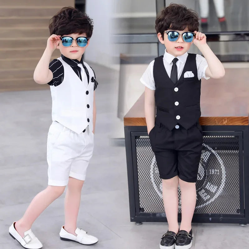 Costumes de mariage d'été pour garçons, gilet, short, chemise, ensembles pour enfants