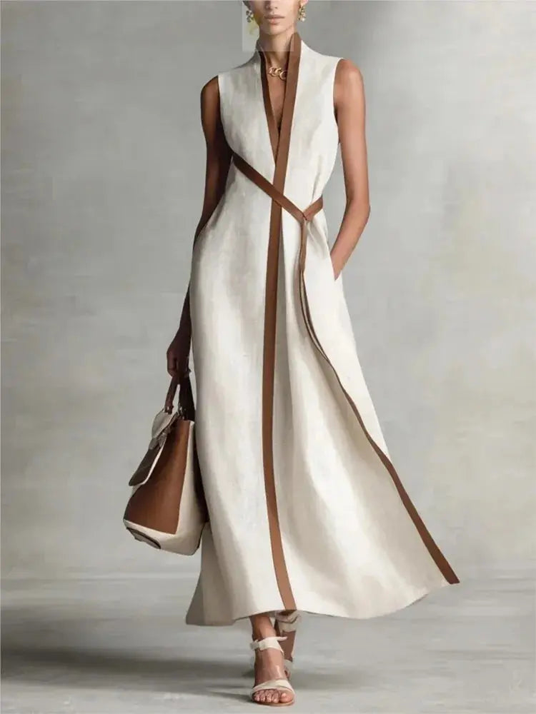 Retro Striped Splicing Cotton Linen Sleeveless Women's Dress Temperament LADYLYS