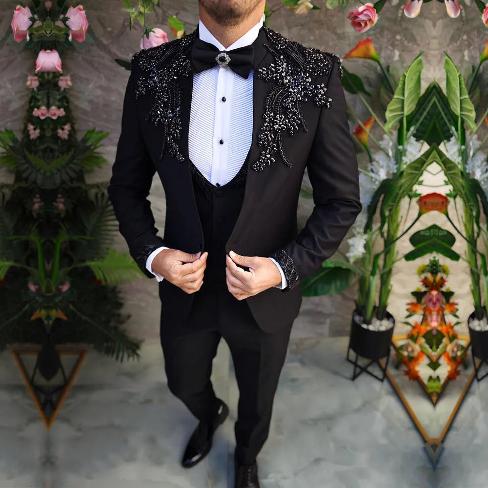 Costume de soirée formel pour homme, smoking de mariage, avec perles noires et pierres précieuses