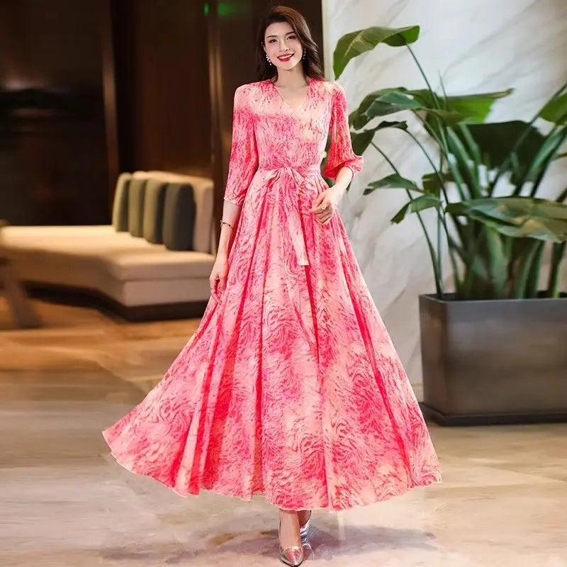 V-Neck Printed Maxi Dress Women's Flared Slimming Gown Polyester Fabric 3D Effect Floral Print LADYLYS