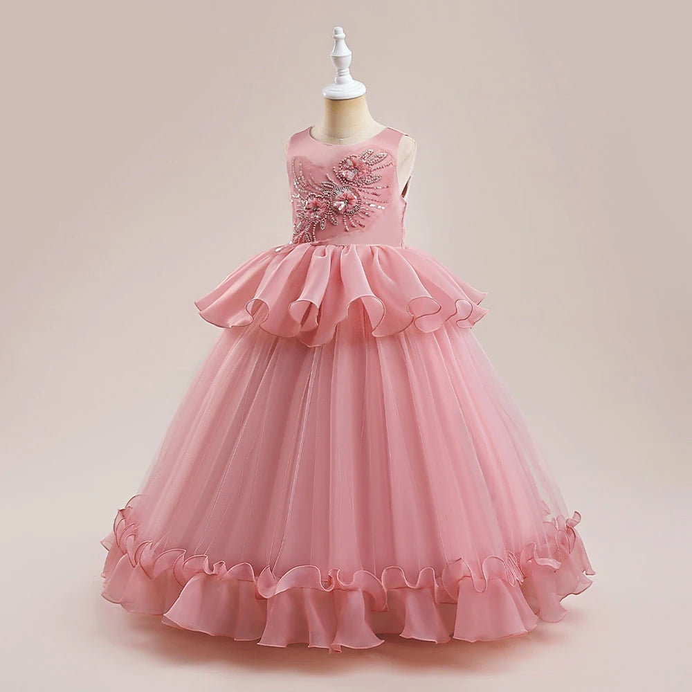 Robe de soirée d'été à perles pour filles, Costume pour enfants, sans manches pour 5-12 ans