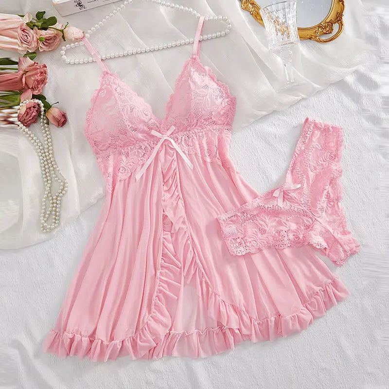 Sexy Contrast Lace and Mesh Ruffle Babydoll Sexy V-neck Open Bra Sleep Skirt Nighties LADYLYS