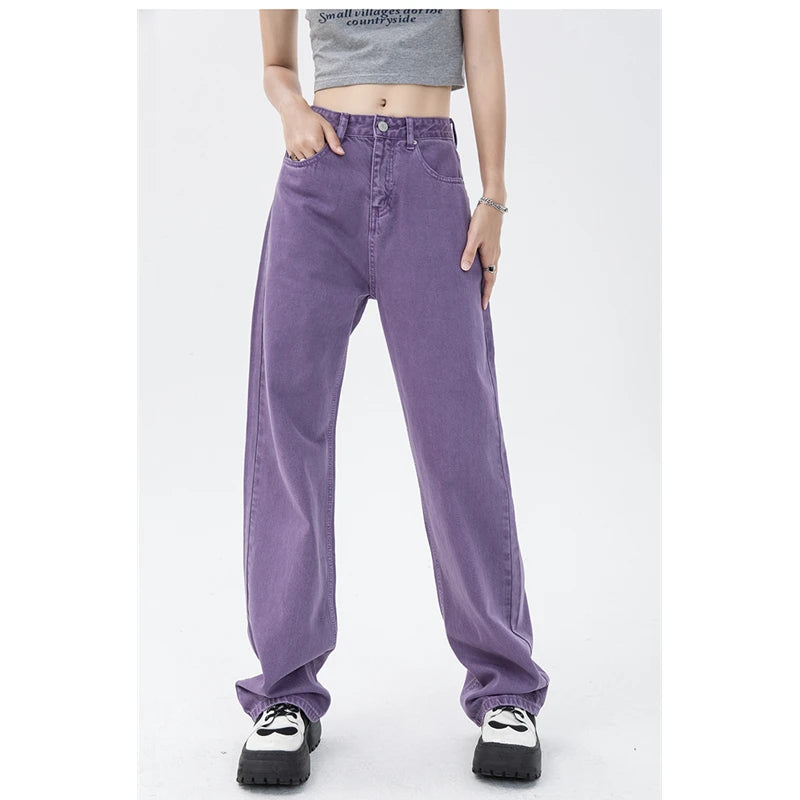 Jeans vintage pour femmes, pantalon en jean droit taille haute violet