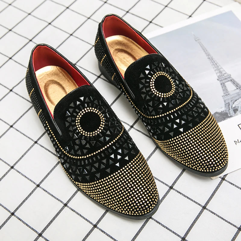 Marque Noble noir strass hommes chaussures habillées velours cristal luxe mocassins