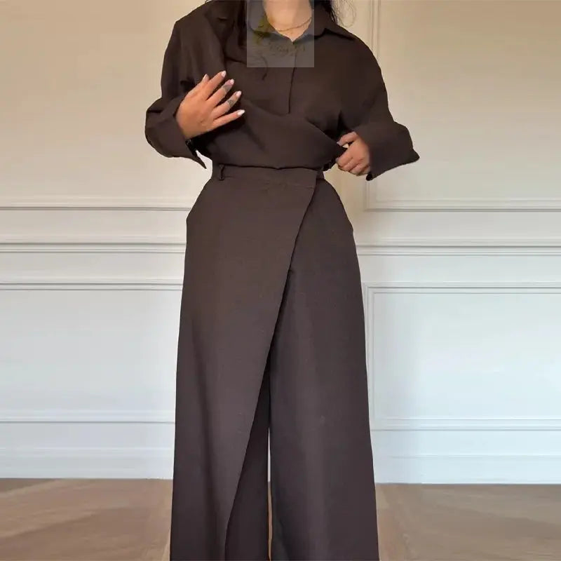 Solid Women's Shirt Trouser Suits Full Sleeve Turn-Down Collar Wide Leg Pants Lady Set LADYLYS
