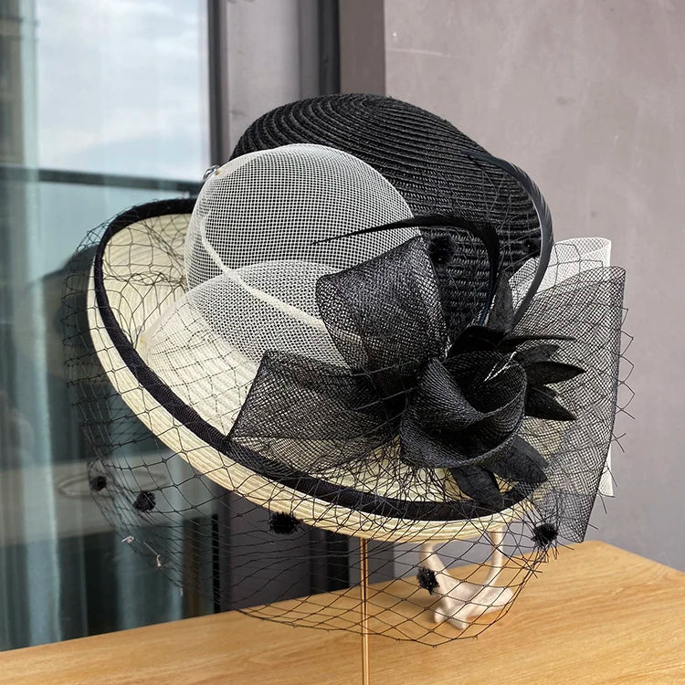 Chapeau de paille d'été pour femmes, élégant et charmant, fête florale, britannique, rétro, bord bouclé,