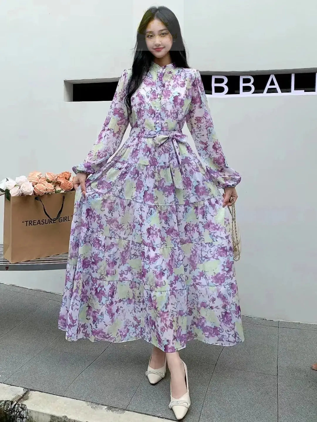 Long Sleeve Bandage Slim Long High Quality Fashion Floral Print Big Hem Chiffon Dress LADYLYS