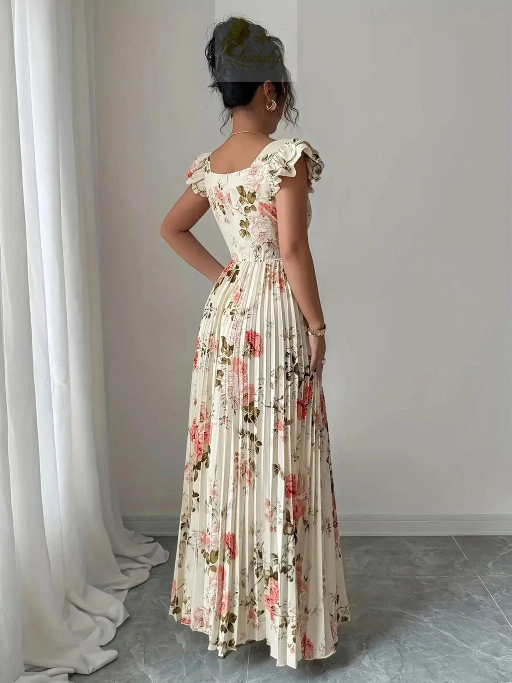 Elegant Beige Floral Pleated Midi Dress with Ruffle LADYLYS