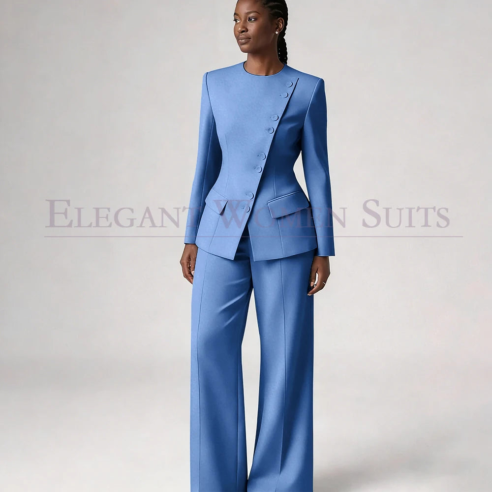 Single Breasted Women's Suits Blazer Luxury O-neck Regular Length 2 Piece LADYLYS