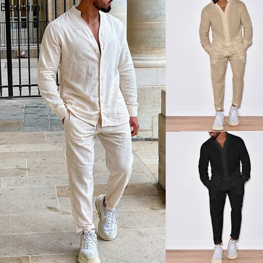 Ensemble chemise et pantalon décontractés à manches longues pour hommes, haut en lin et coton uni