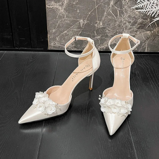 Satin Blanc Fleur talons Hauts chaussures de mariage