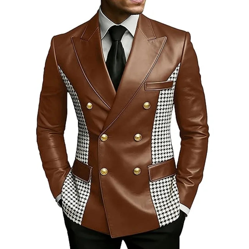 Leather Blazer With Houndstooth Sides Vintage Two-Tone Double Breasted LADYLYS