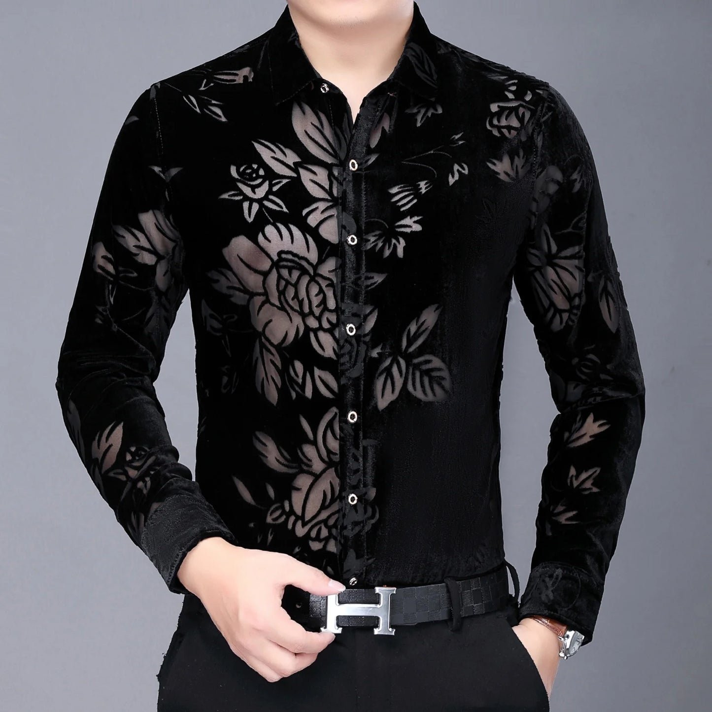 Chemise à manches longues en velours pour homme, chemise transparente de haute qualité, chemise à fleurs