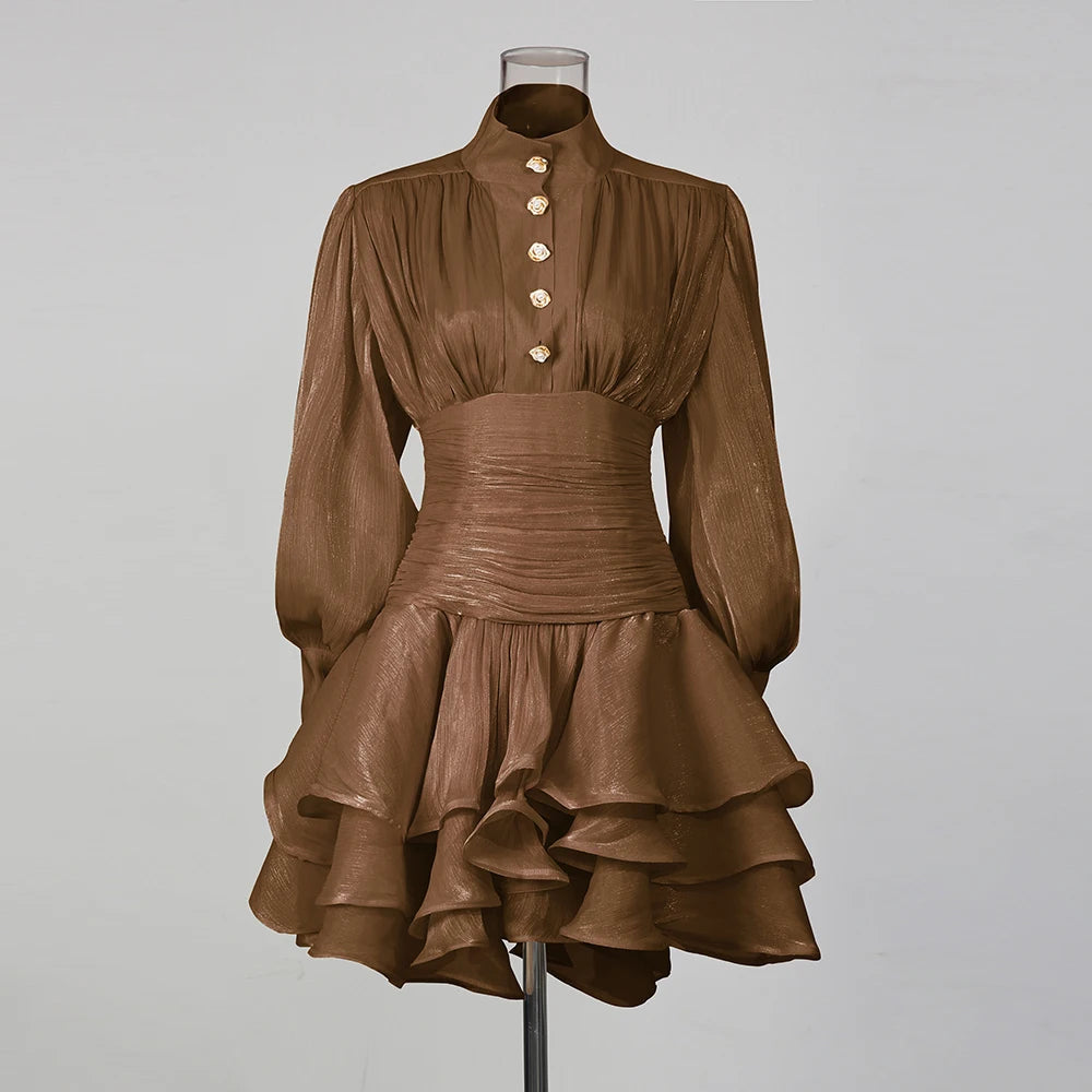 Solid Spliced Ruffles Dress Female Stand Collar Long Sleeve Loose French Elegant LADYLYS