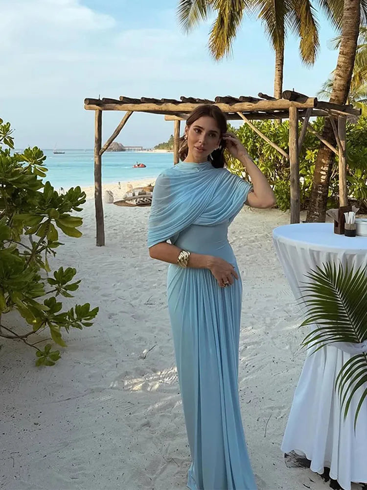 Irregular Shawl Blue Maxi Dress Women's Fashion Turtleneck Slim Fit Pleated LADYLYS