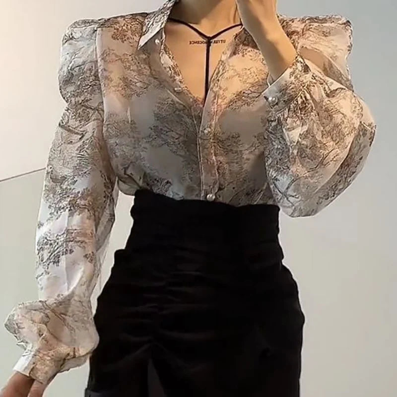 Vintage Printed Lapel Button Puff Sleeve Shirts Lady Blouses