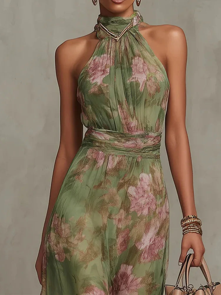 Sleeveless High Neck Ruched Waist Chiffon Flowy Evening Party Dress LADYLYS